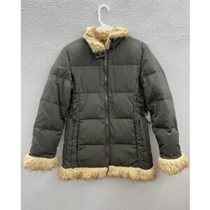 Girls Express Jacket Size 12 Army Green Fur Trimmed Corset Sided Zip Up Puffer